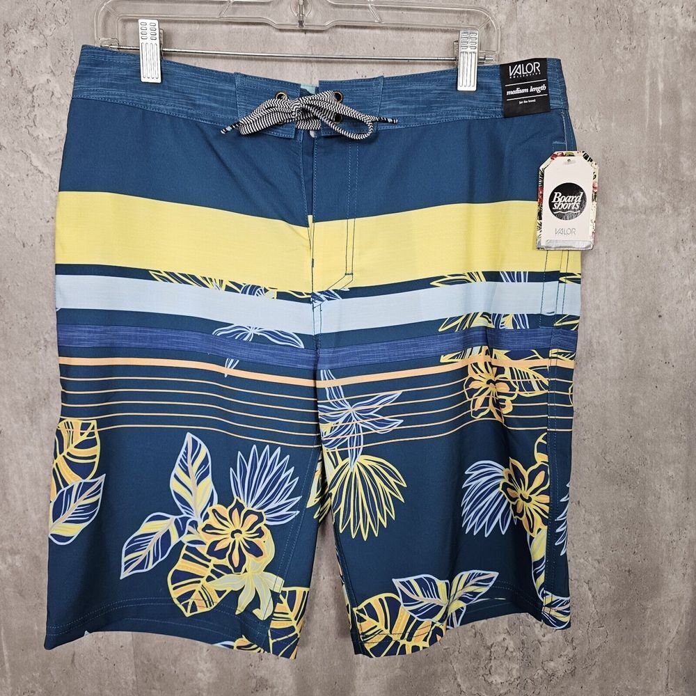 Valor Mens 32 Blue Colorblock Tropical‎ Foliage Boardshorts Surf Swim Wake